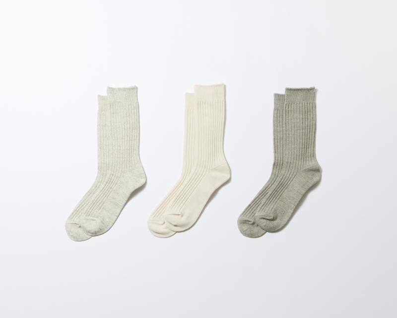 ROTOTO  ORGANIC DAILY 3 PACK RIBBED CREW SOCKS  ECRU / GRAY