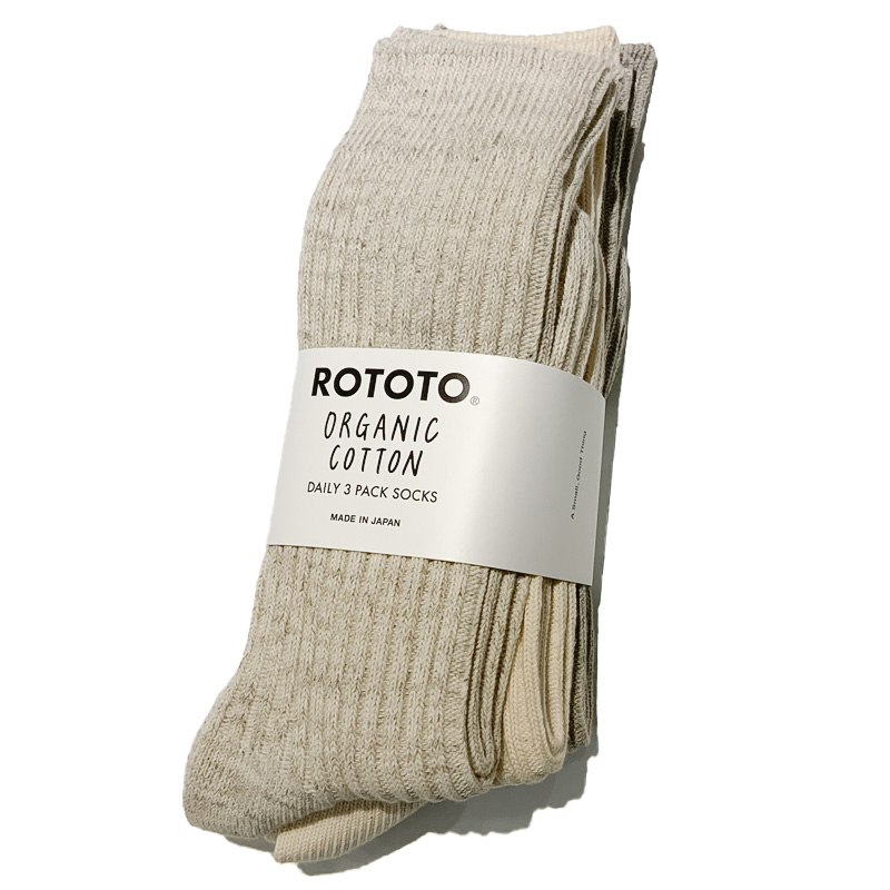 ROTOTO  (ロトト） ORGANIC DAILY 3 PACK RIBBED CREW SOCKS  ECRU / GRAY