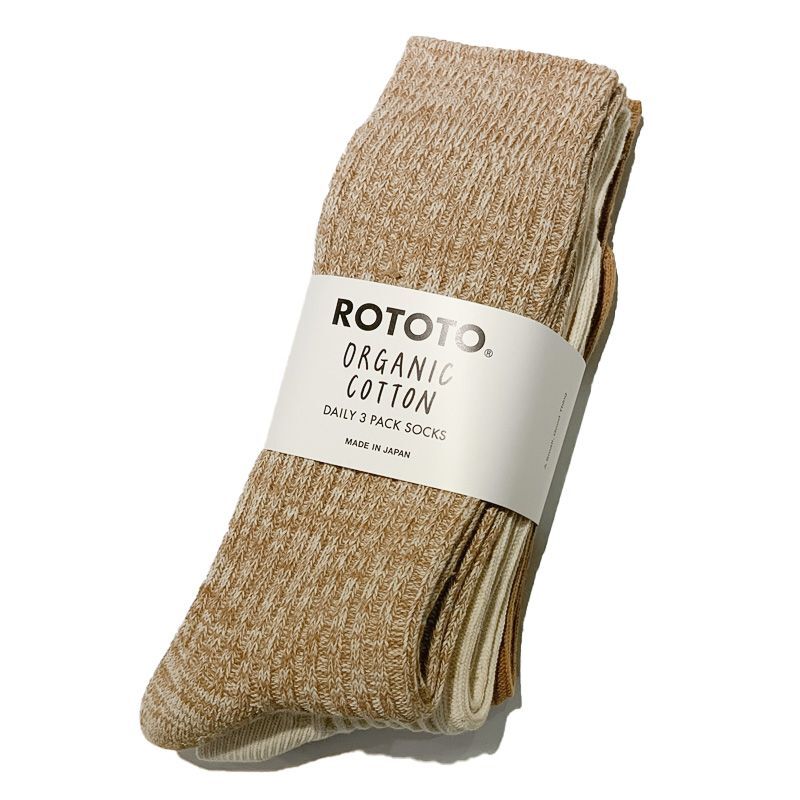 ROTOTO  (ロトト） ORGANIC DAILY 3 PACK RIBBED CREW SOCKS  ECRU / BROWN